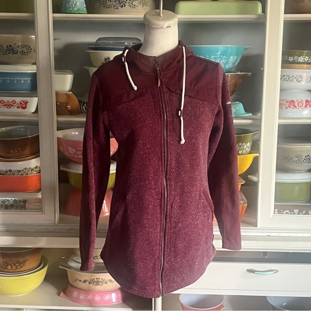 Kathmandu Long Burgundy Full-Zip Hooded Jacket - Size 8